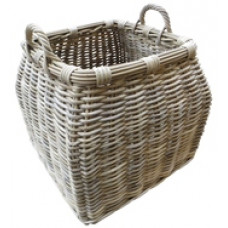 Handcrafted round top square bottom baskets with ear handles.